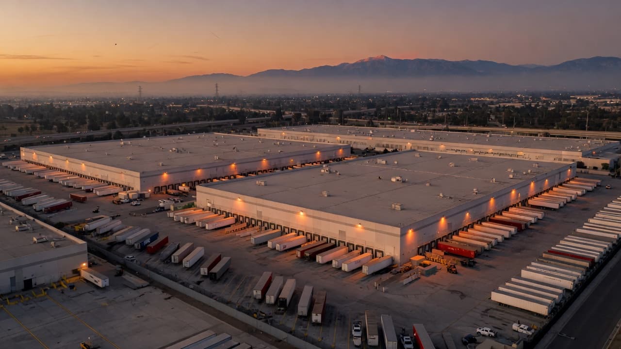 Dusk aerial view of a Southern California distribution warehouse complex